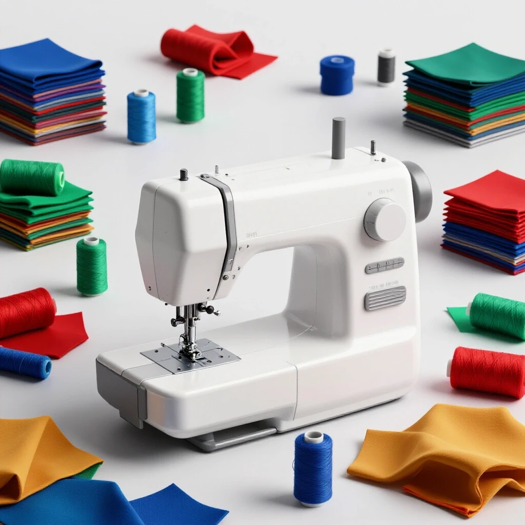 A sewing machine surrounded by tangled threads and well-sewn projects, symbolizing sewing mastery.