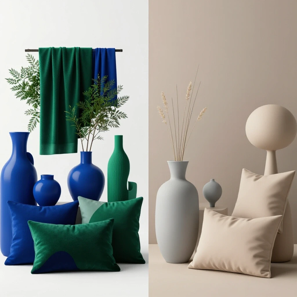 A brightly lit interior scene showcasing contrasting color schemes in home decor, with vibrant colors on one side and serene tones on the other.
