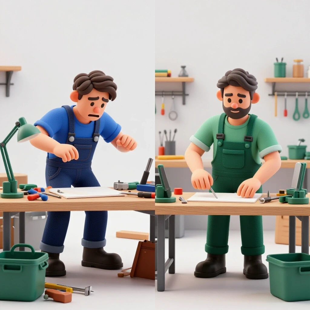 A split scene showing a chaotic DIY workspace on one side and a clean, organized workspace on the other, illustrating common repair mistakes.