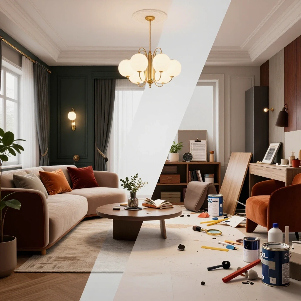 A comparative visual of a beautifully renovated room and a cluttered space, illustrating common renovation mistakes to avoid.