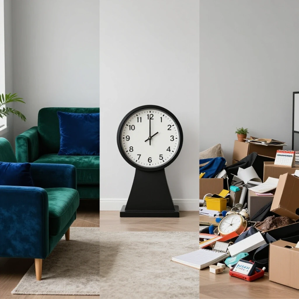 A visually striking comparison of a beautifully arranged living room and a cluttered space, highlighting common first-time homebuyer regrets.