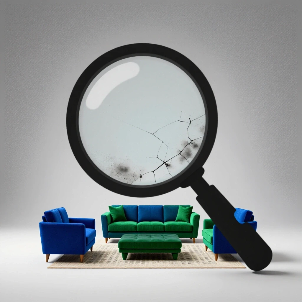 A bright living space with rich blue and green decor, featuring a magnifying glass overlay showcasing hidden inspection flaws.