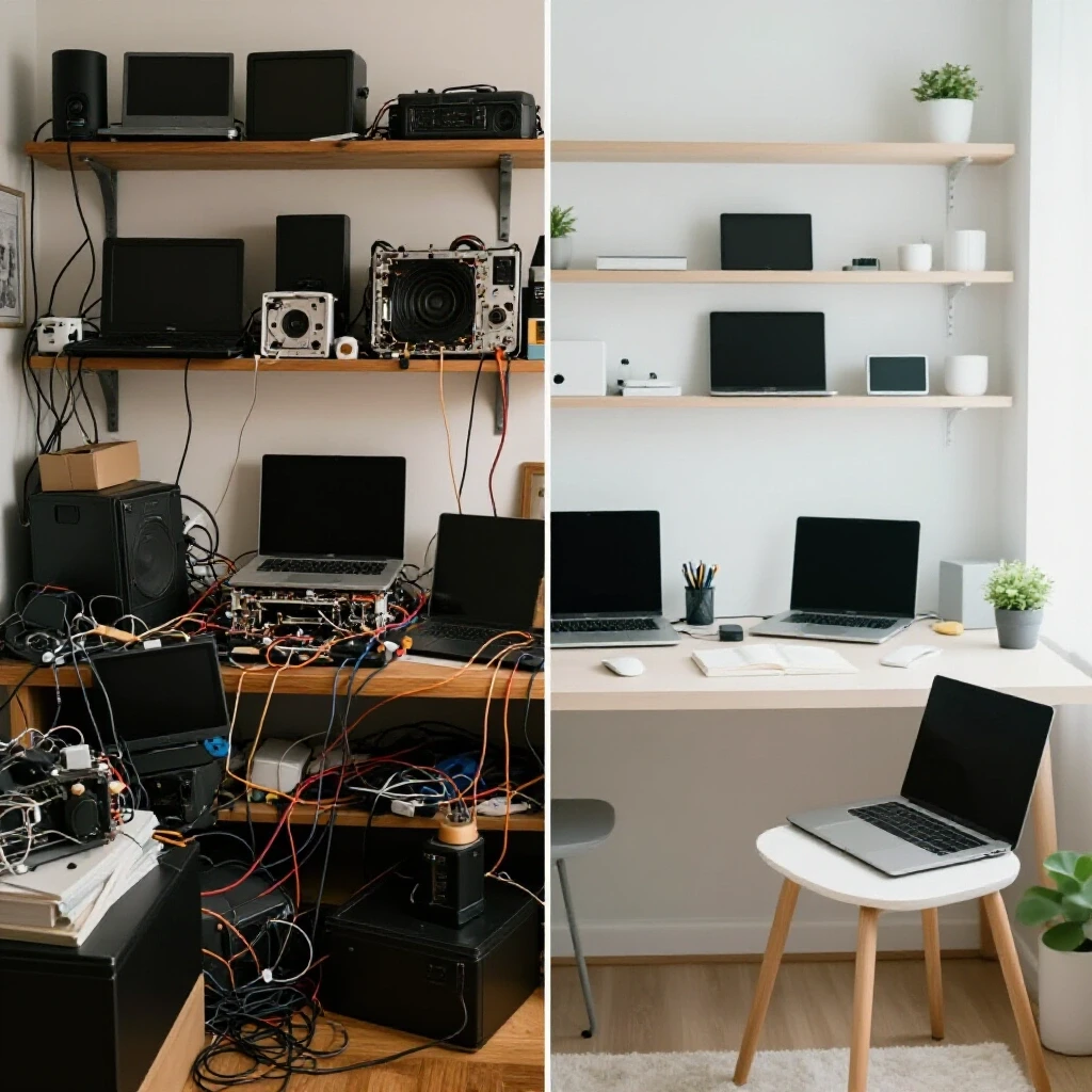 A split-scene image showing a chaotic home with malfunctioning tech on one side and an organized space with functional gadgets on the other.