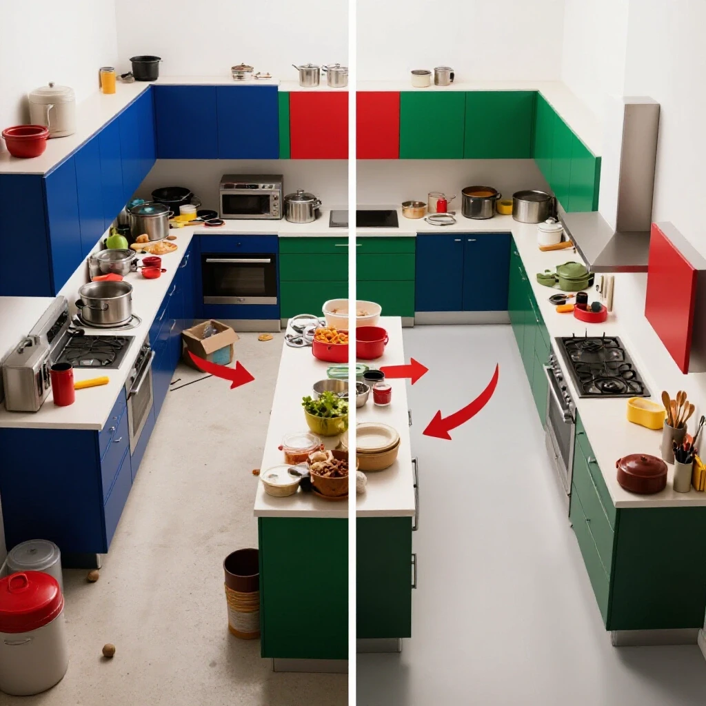 A split-image showcasing a disorganized kitchen contrasting with a modern, efficient kitchen layout, illustrating common layout mistakes and solutions.