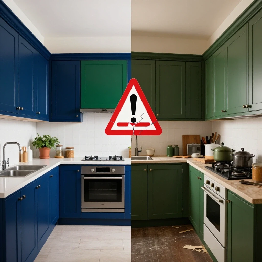 Split image showing a luxurious renovated kitchen on the left and a cluttered, outdated kitchen on the right with warning signs and visual contrasts.