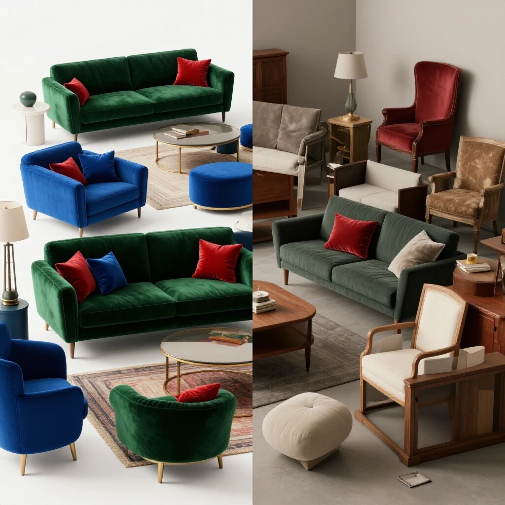 Split image comparing a well-designed living space with rich furniture colors to a cluttered area with mismatched pieces.