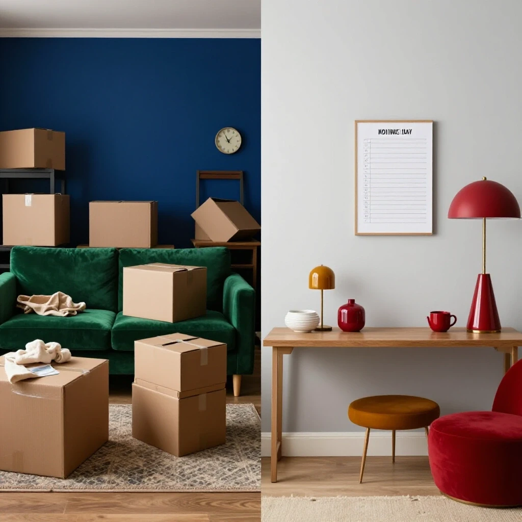 A split image showing a chaotic moving day scene on one side and an organized, stylish living room on the other, emphasizing preparation.