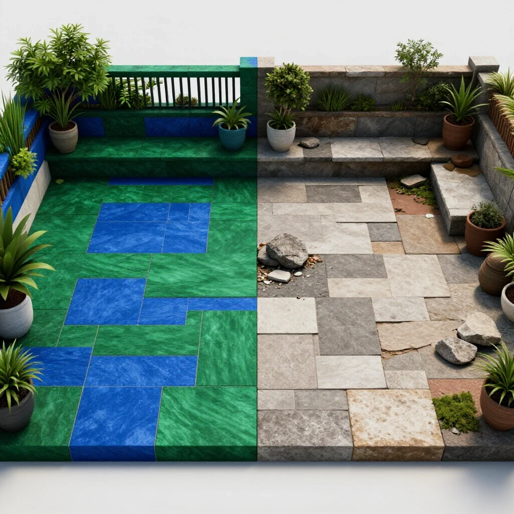 A visual comparison of a beautifully designed patio versus a poorly executed one, showcasing contrasting textures.