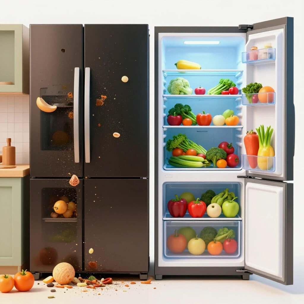 A split kitchen scene: left side chaotic with a leaking fridge, right side organized with fresh produce in a functional fridge.