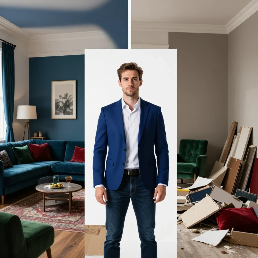 A split scene illustrating a beautifully renovated living space contrasting with a cluttered area showcasing renovation mistakes.