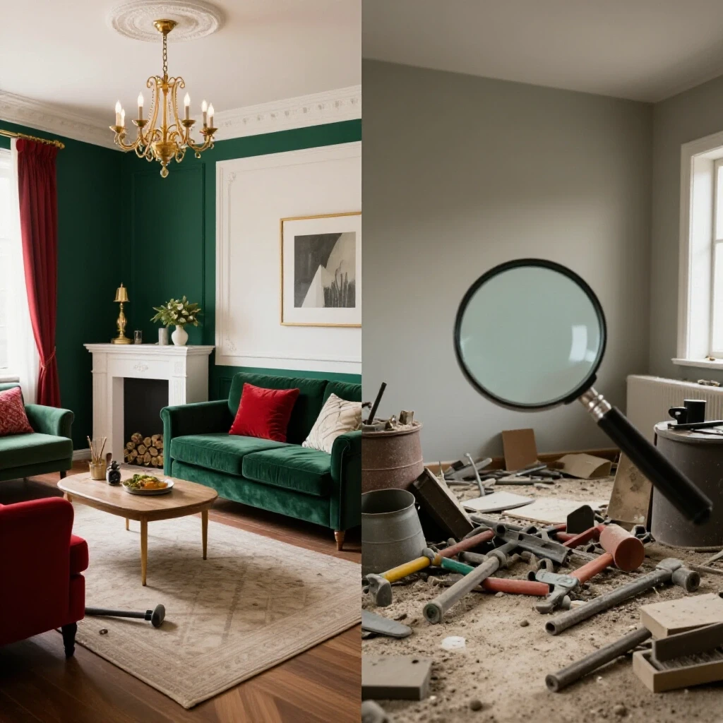 Contrast between a beautifully renovated room and a chaotic neglected area showing common renovation oversights.