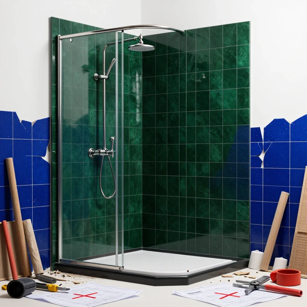 Contrast of a beautifully finished shower against a chaotic construction scene, highlighting common mistakes.