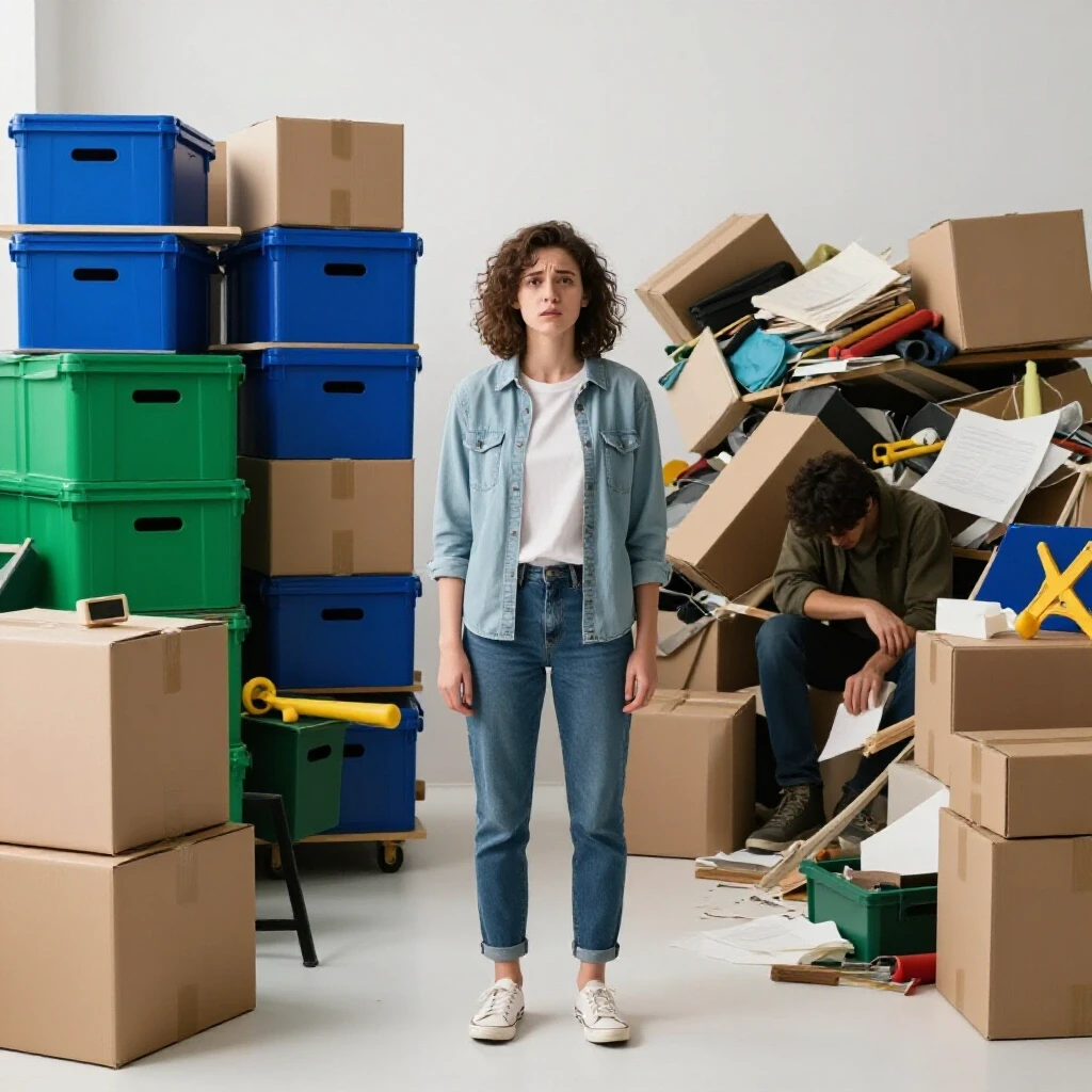 A split-scene image showcasing an organized workspace versus a chaotic area representing moving labor cost comparison.