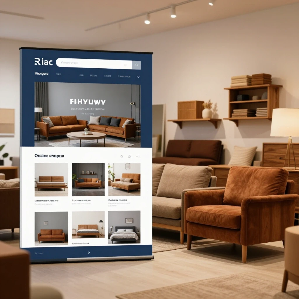 A visual comparison of online shopping and local furniture stores, featuring contrasting color themes and design elements.