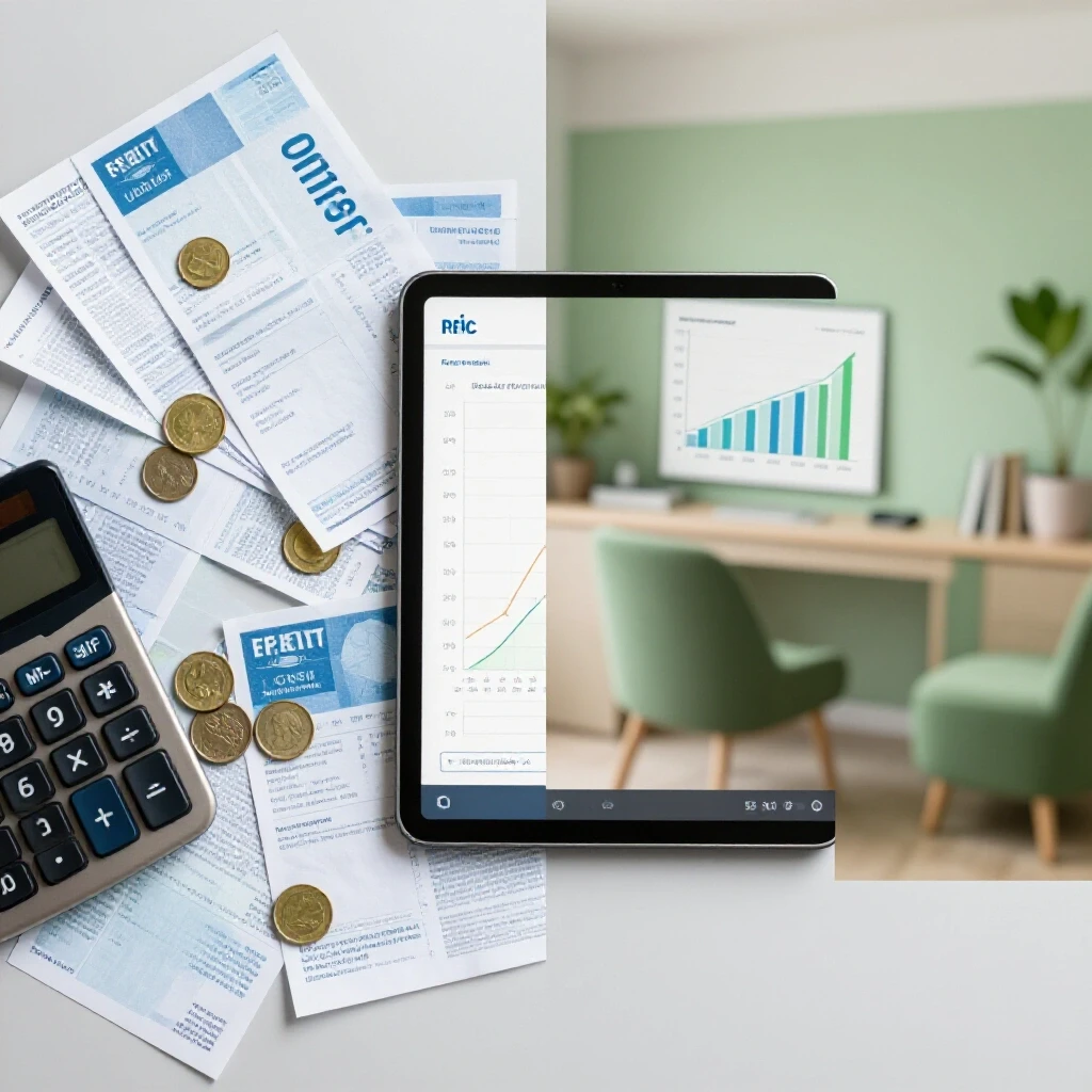A split image showing a chaotic stack of utility bills and coins on one side and an organized home setting with a tablet showing utility costs on the other.