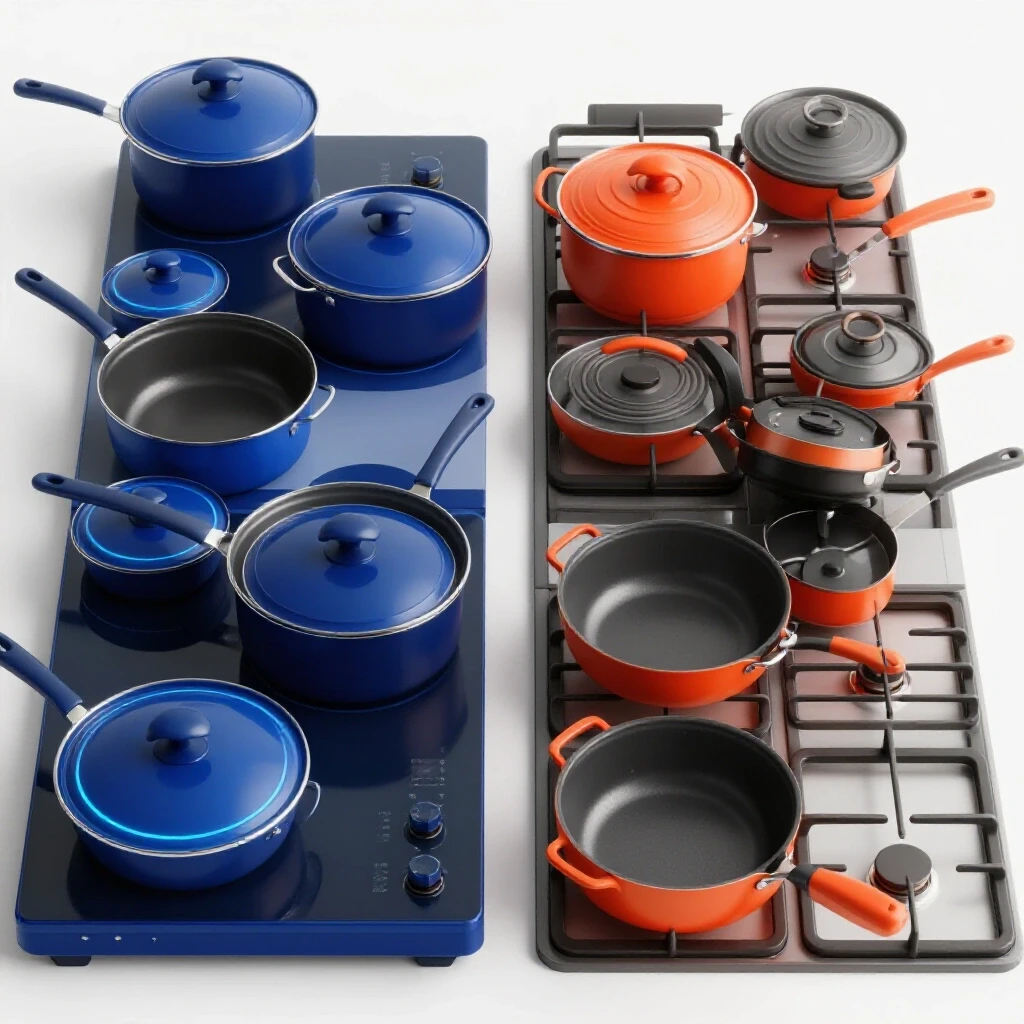 A visually striking contrast between compatible and incompatible cookware sets on a bright white background.
