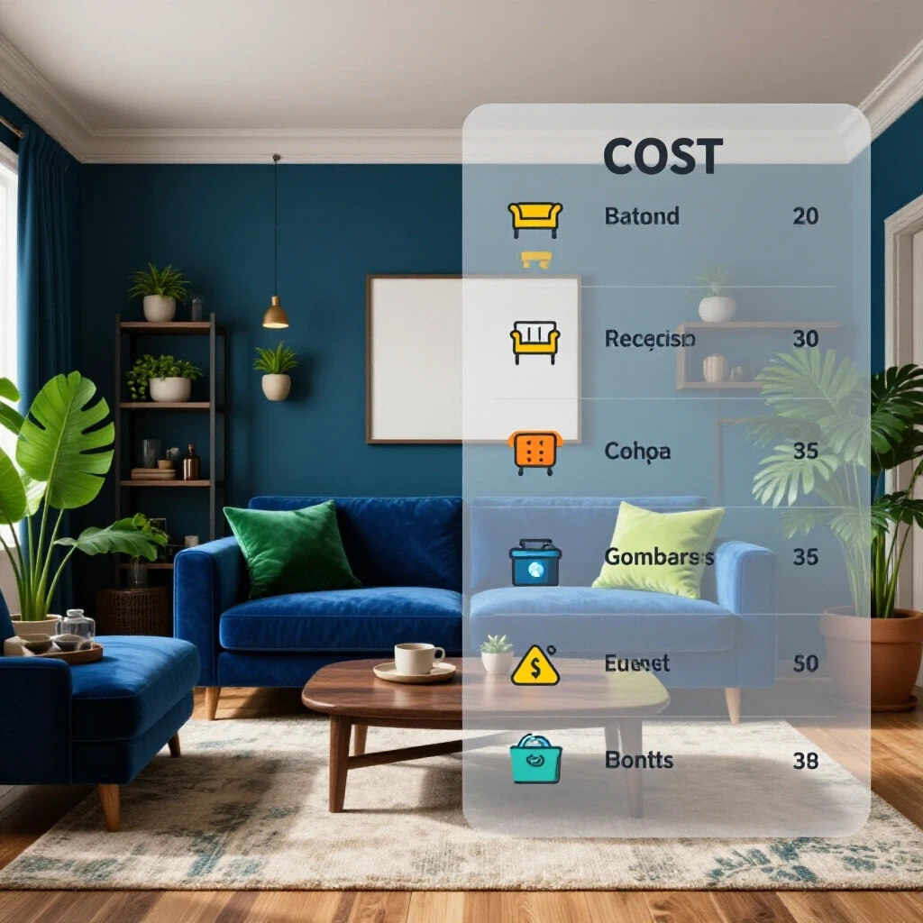 A split image showcasing an elegant living room with rich decor and a transparent cost breakdown chart overlay.