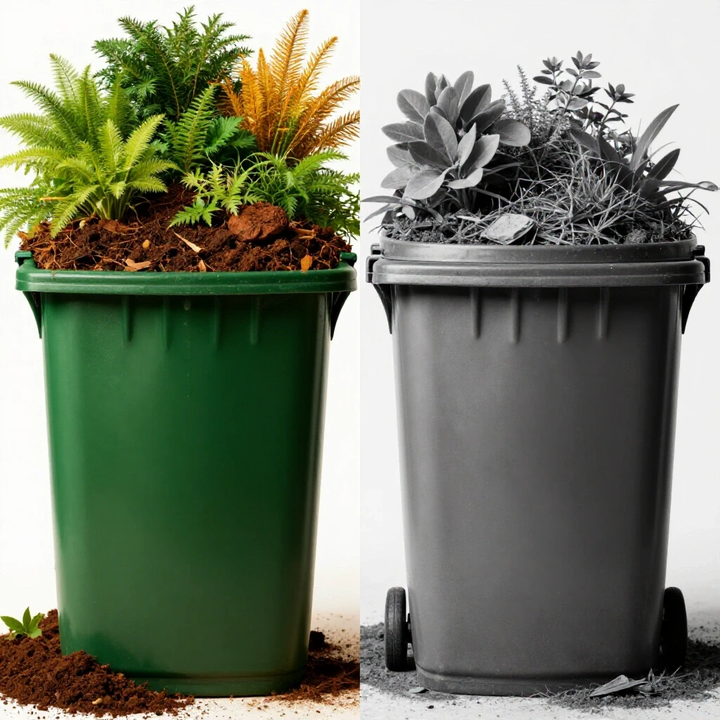 A comparison image featuring a vibrant compost bin overflowing with greenery on one side, and a dull, cluttered trash bin in grayscale on the other side, highlighting the contrast in waste management.