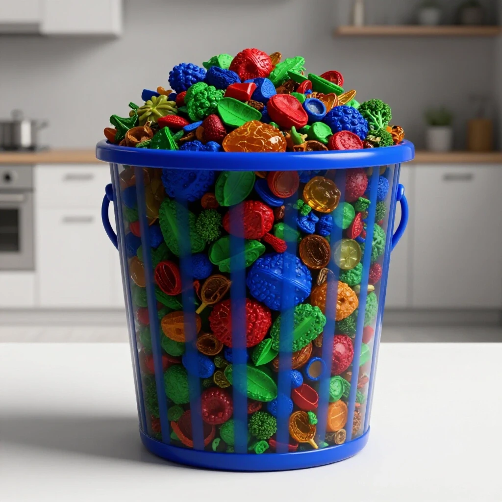 A vibrant compost pail overflowing with colorful organic scraps set against a dull kitchen backdrop, highlighting composting benefits.
