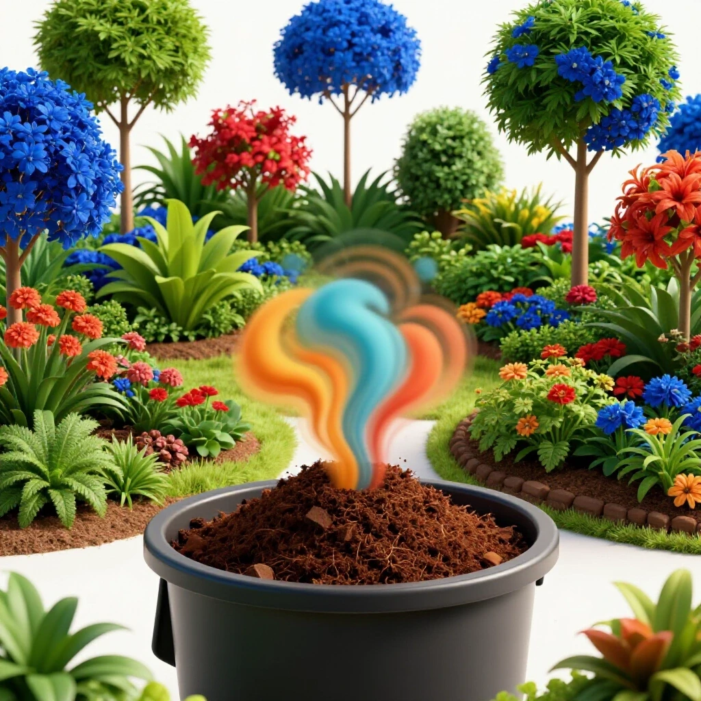 A vibrant garden thriving along with a dark, overflowing compost bin showing odor waves, illustrating composting challenges.