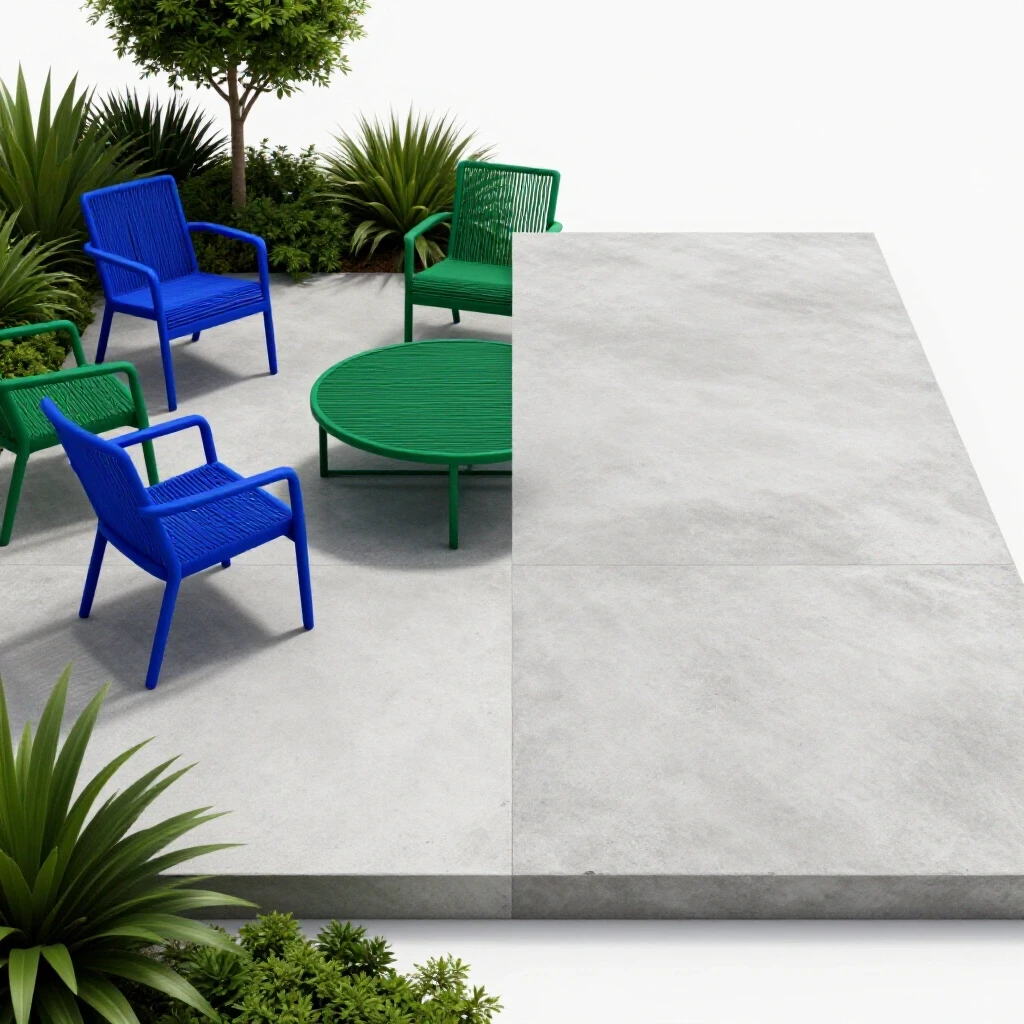 A split-screen comparison of a finished concrete patio with vibrant furniture and an unfinished concrete slab, showcasing transformation potential.