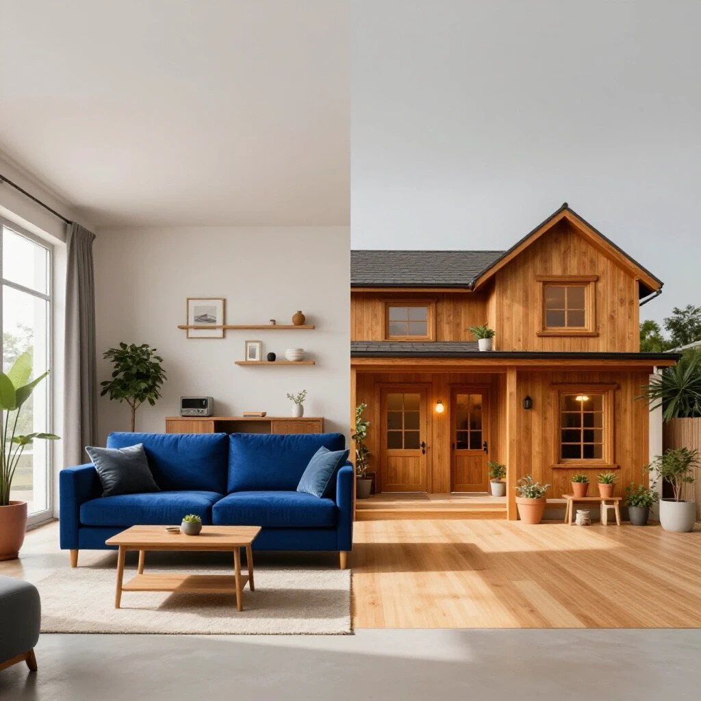 Split image showcasing a bright condo interior and a warm, spacious house setting, highlighting key ownership differences.
