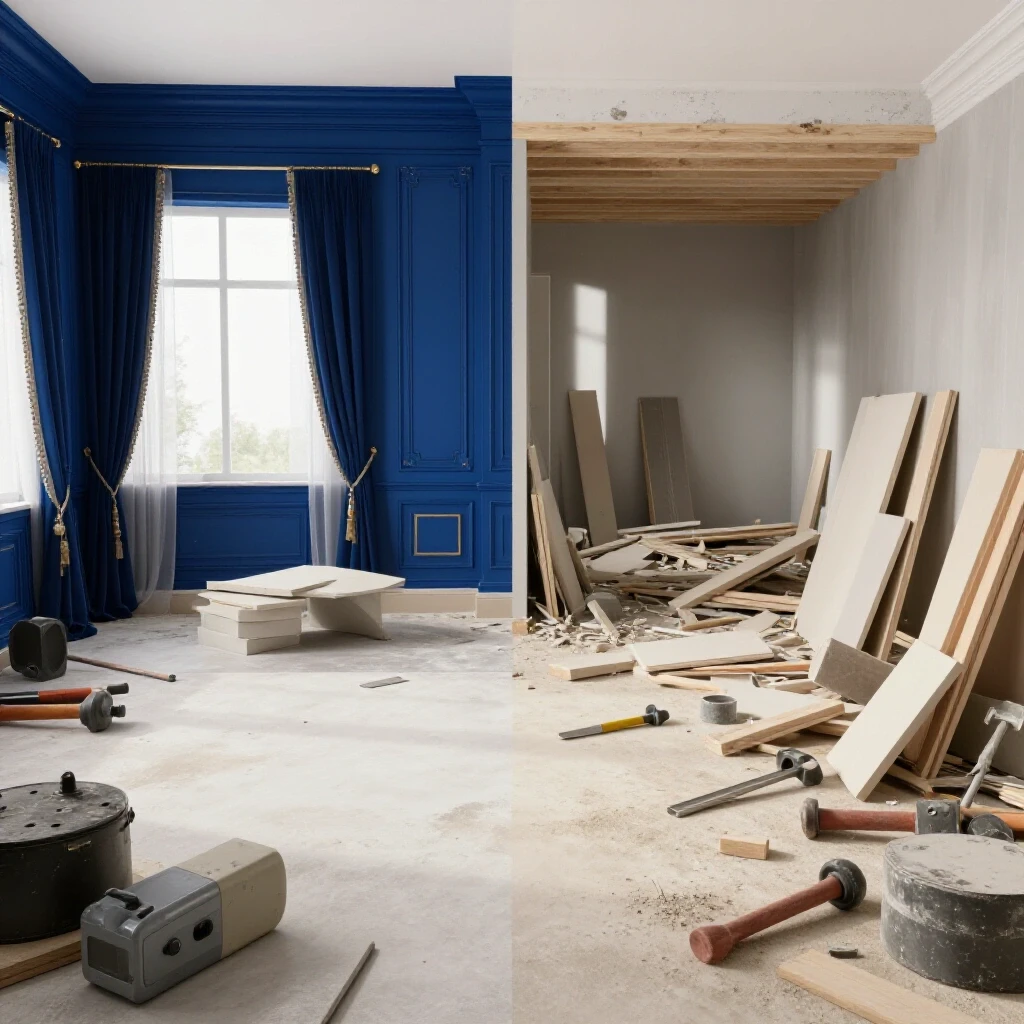 A contrasting image of a beautifully designed room beside a chaotic construction zone, highlighting contractor rework costs.