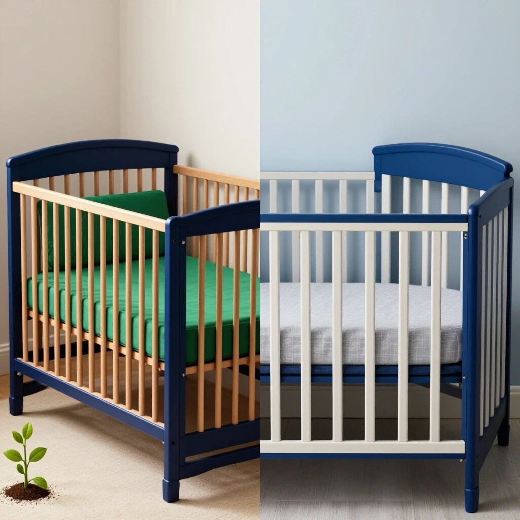 Split-screen comparing a vibrant convertible crib with a standard crib, symbolizing adaptability and longevity.