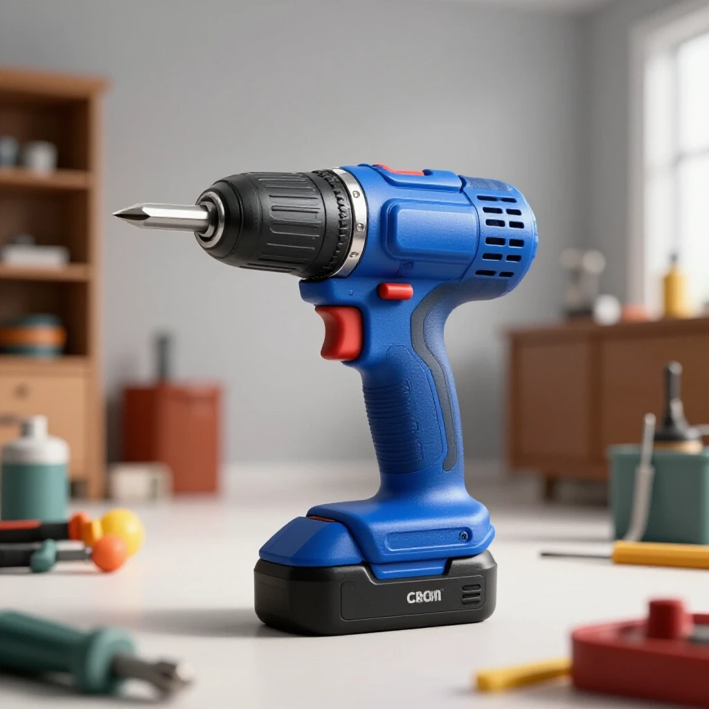 A bright cordless screwdriver with a vibrant blue finish centered in focus, surrounded by blurred household items.