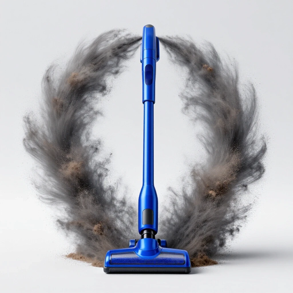 A sleek cordless stick vacuum lifting dust and debris in a bright studio setting, showcasing modern design and cleaning efficiency.