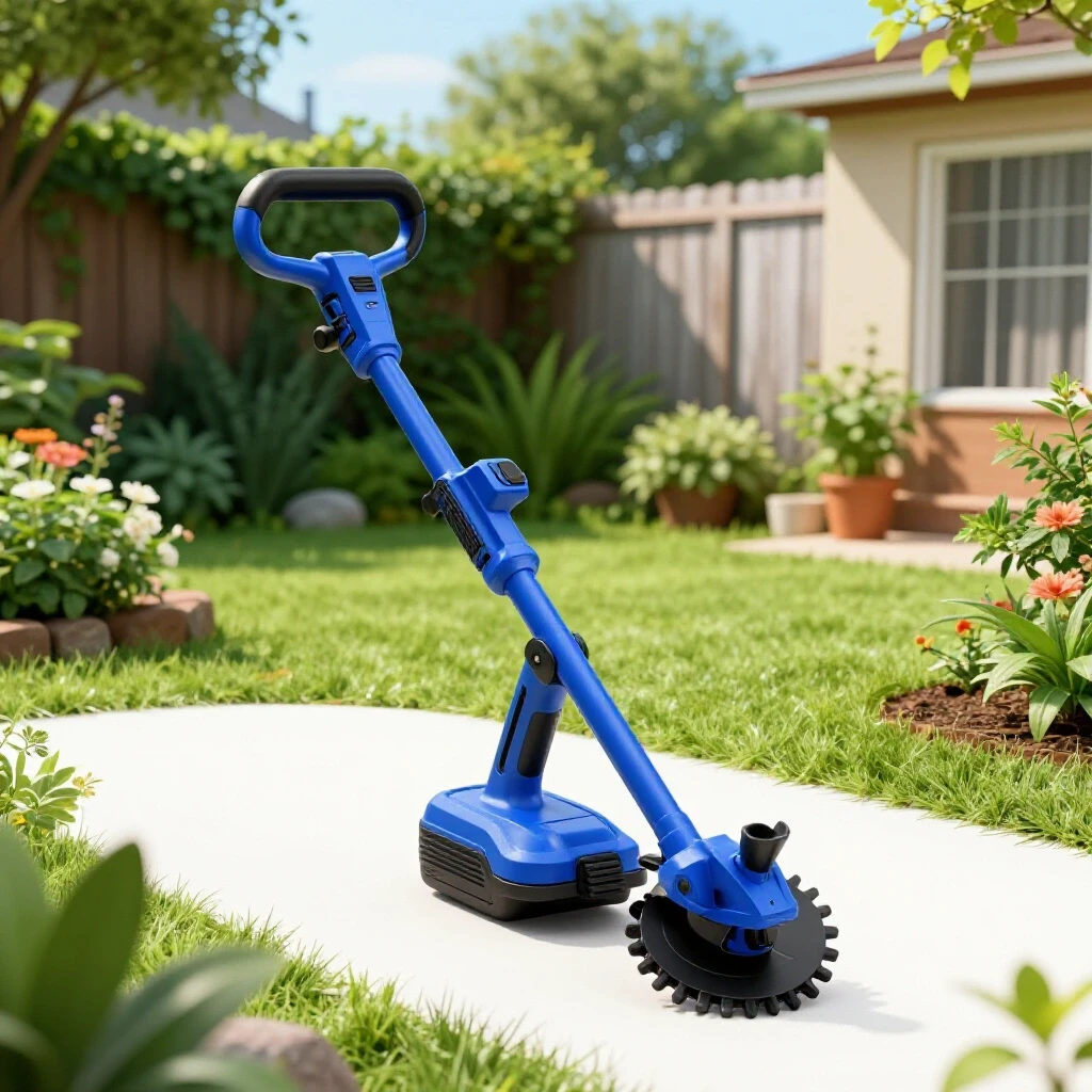 A cordless string trimmer in a vibrant garden, contrasting with a fading backyard, symbolizing longevity and performance.