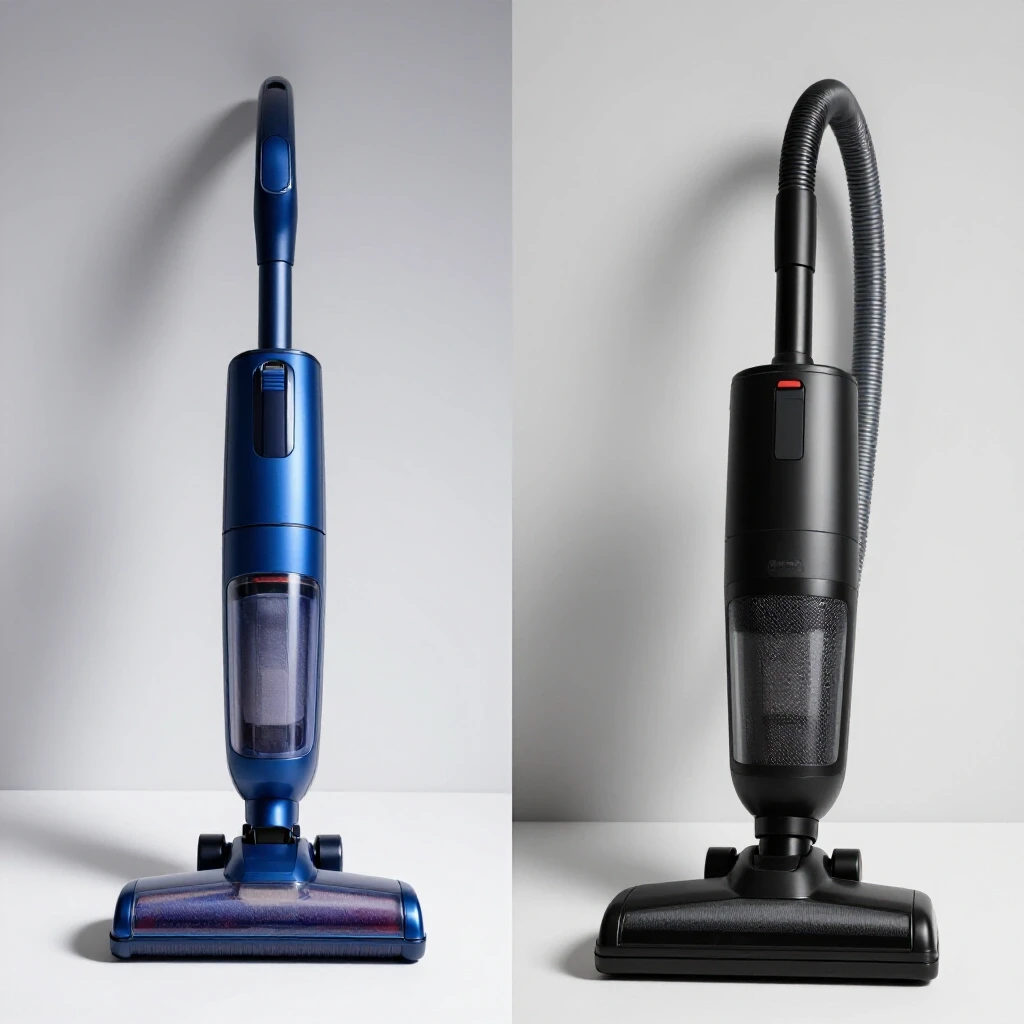 A split image contrasting a modern cordless vacuum in royal blue with a traditional bulky corded vacuum, highlighting their cleaning capabilities.