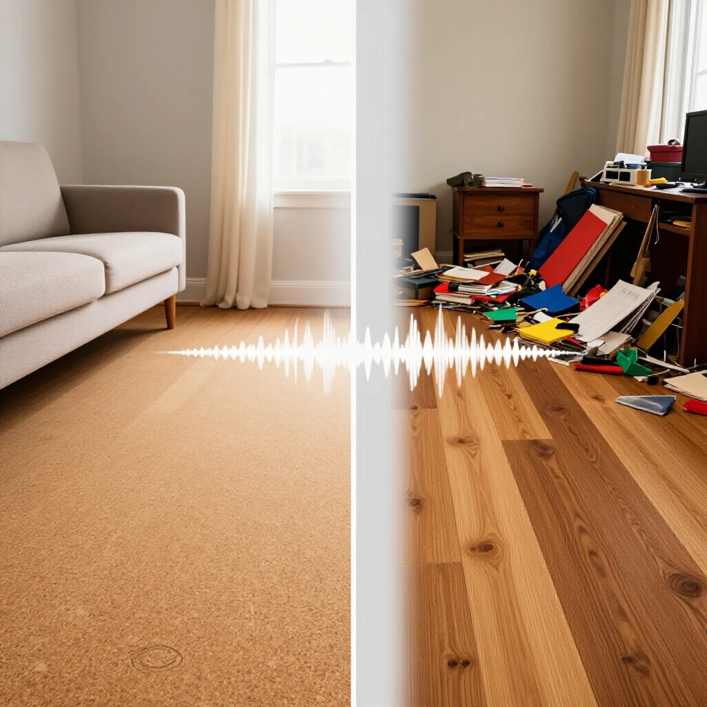 A visual contrast showing a serene cork underlayment floor living room next to a chaotic traditional flooring environment.
