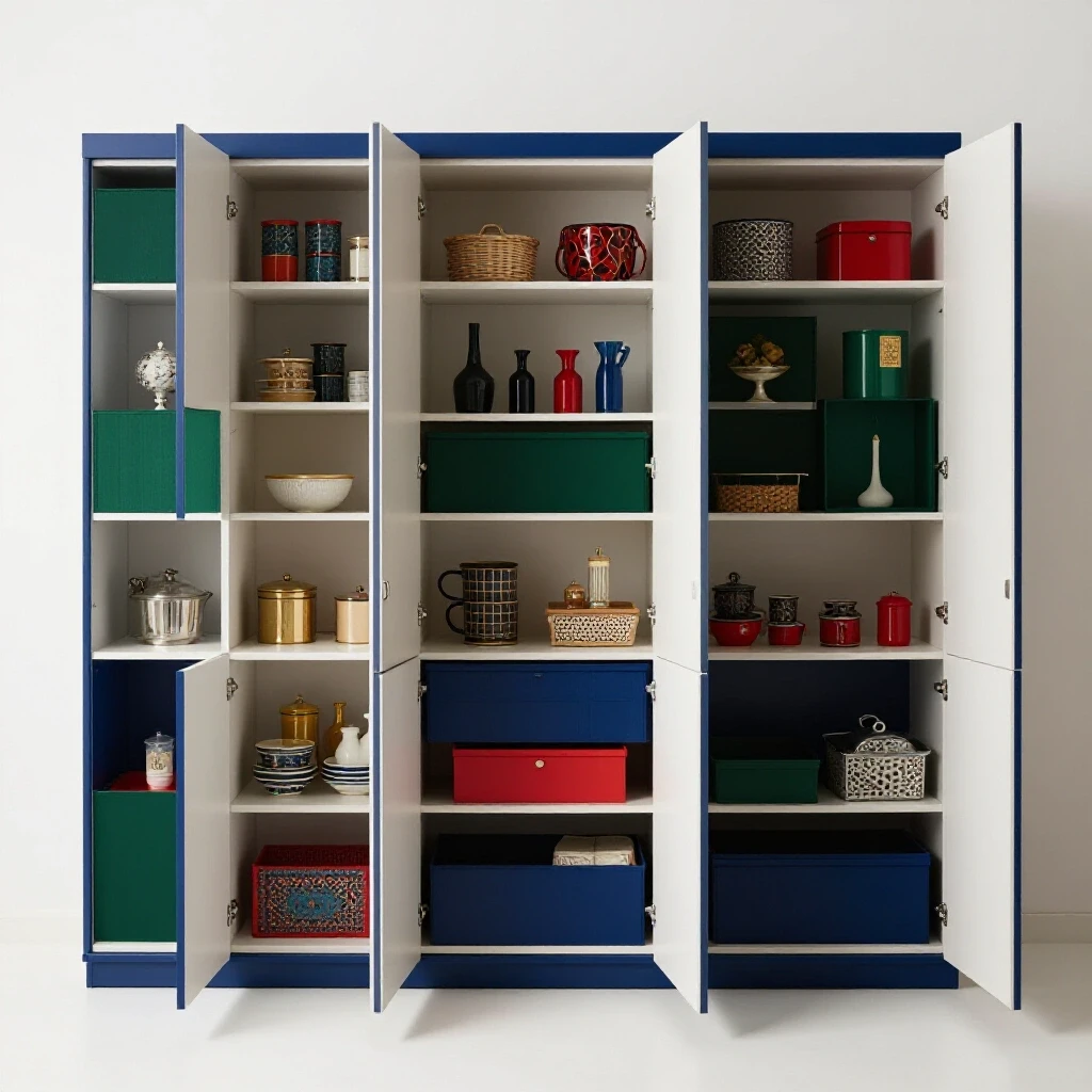 Modern built-in storage units filled with colorful organized items in a bright, clean room.
