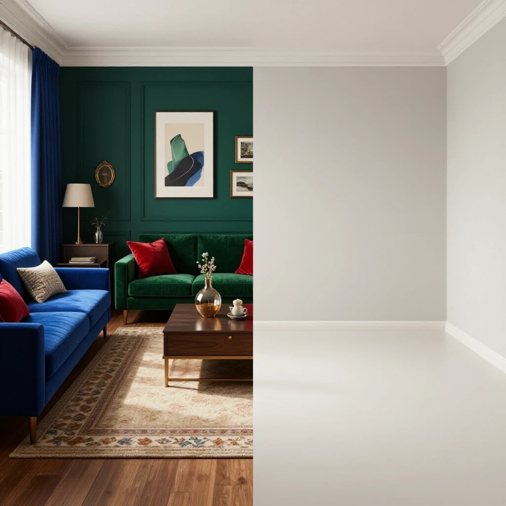 Split-scene image showing a furnished vibrant living space on one side and a minimalistic unfurnished room on the other, demonstrating furnishing costs.