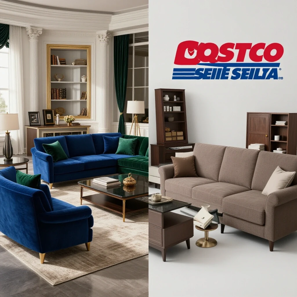 A striking visual comparison of a luxurious living space and a cluttered room with Costco furniture, highlighting design contrasts.