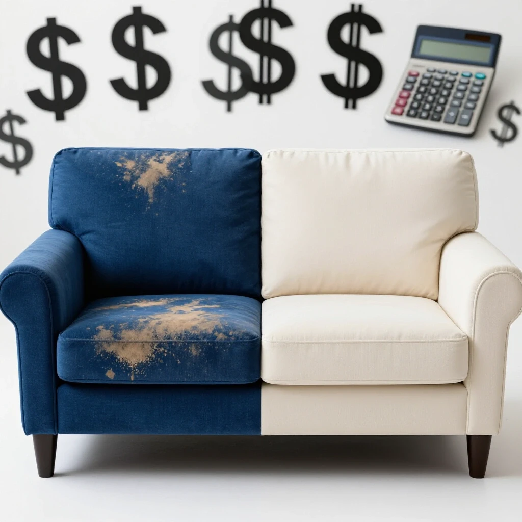 A split-image showing a stained couch on one side and a freshly cleaned couch on the other, symbolizing couch cleaning cost savings.