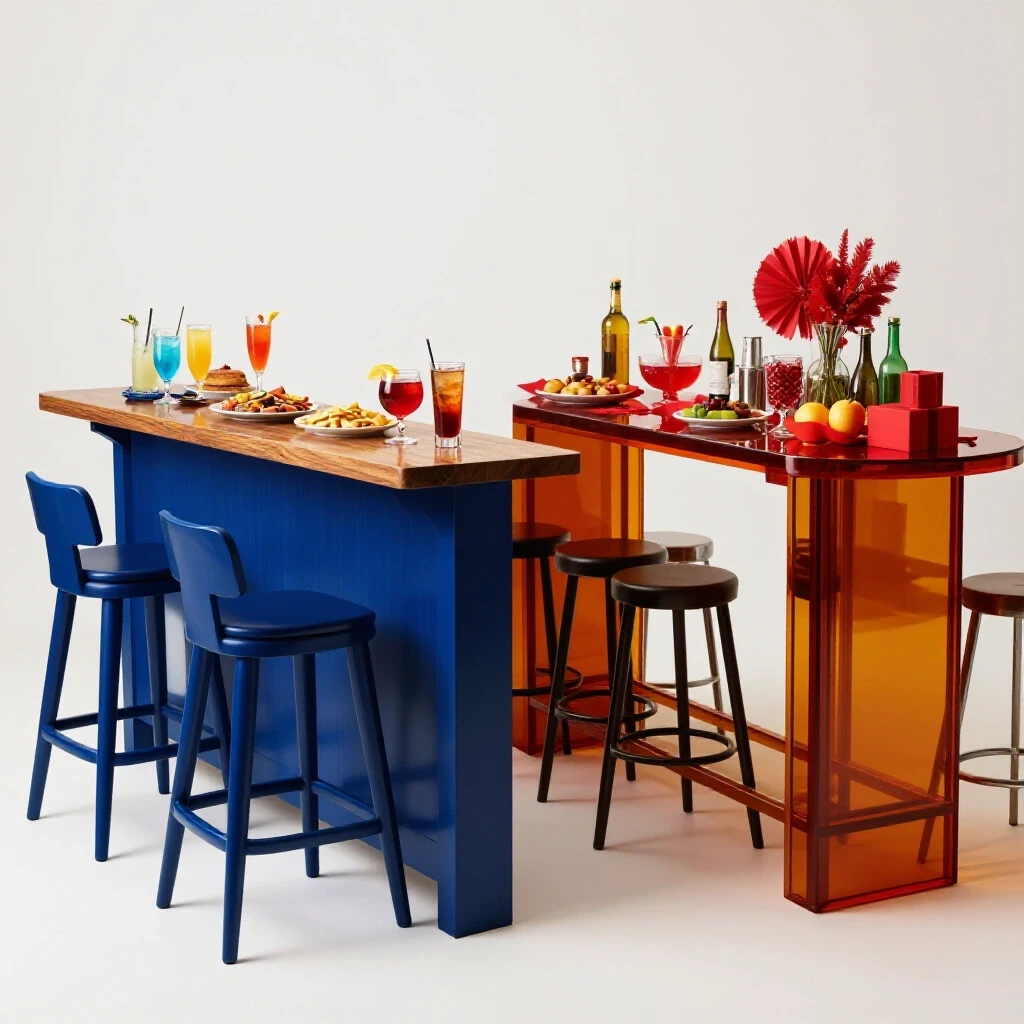A vibrant split-image comparing counter-height and bar-height setups, showcasing lively hosting elements in rich colors.