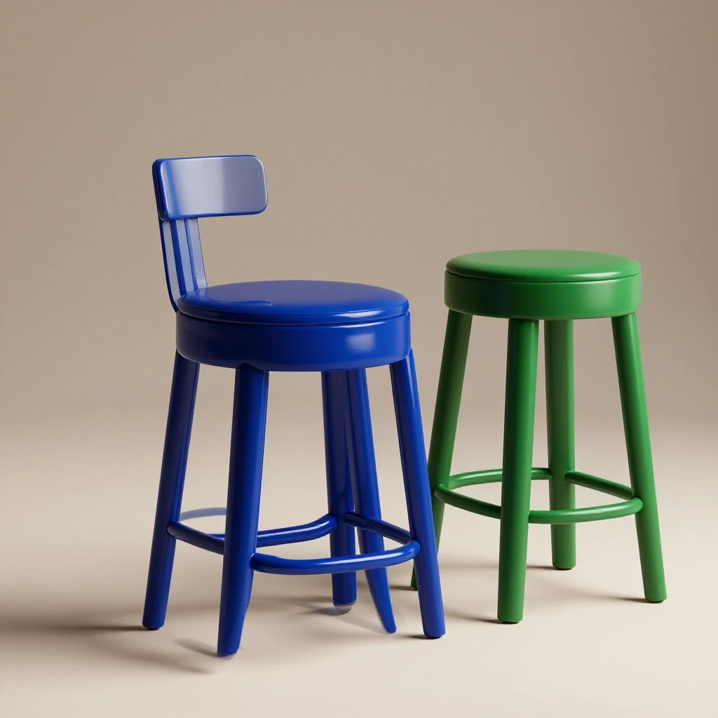 A luxurious royal blue counter stool contrasted with a budget-friendly matte green stool, showcasing cost versus comfort.