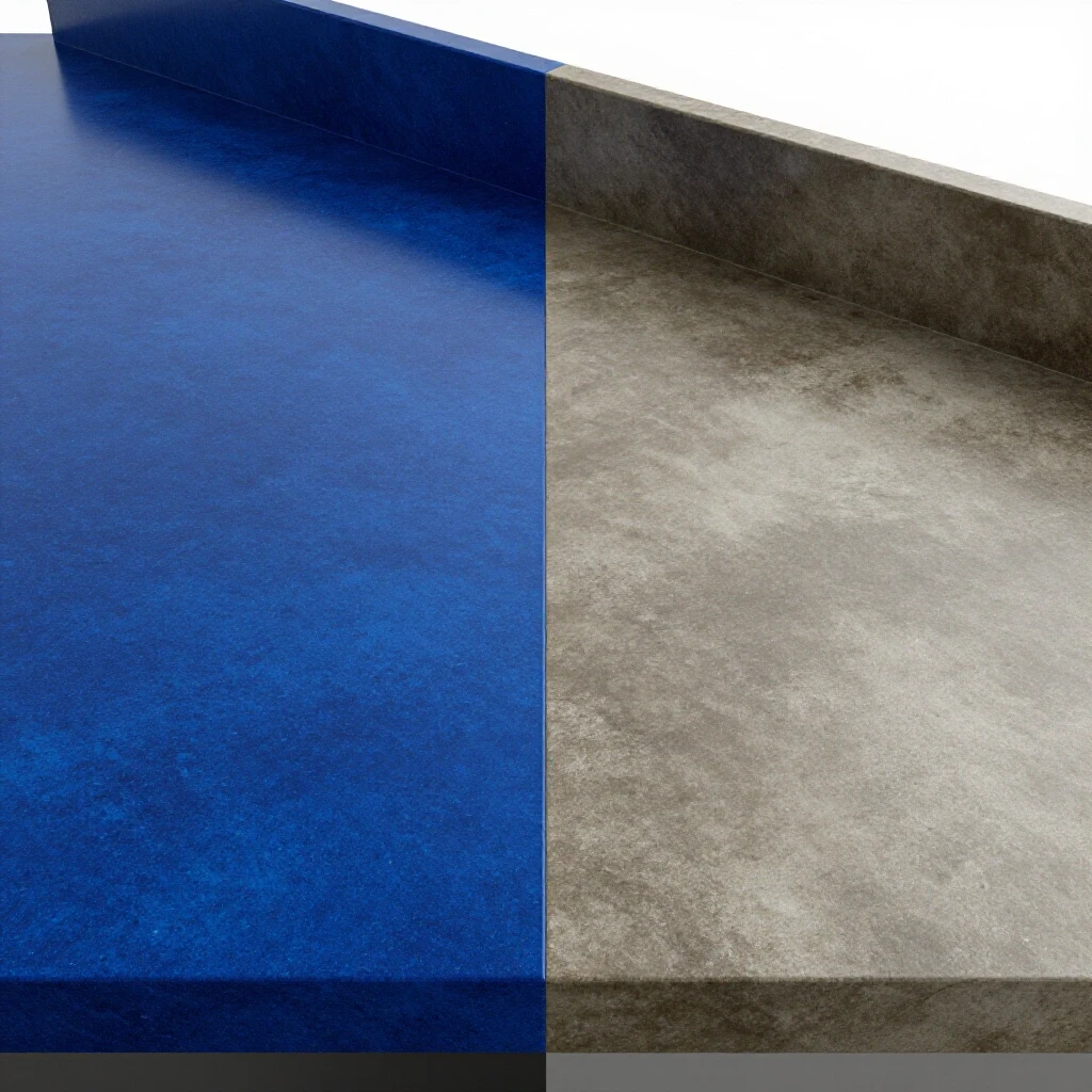 Split countertop image featuring a vibrant blue high-quality countertop versus a dull mismatched one, emphasizing design choices.