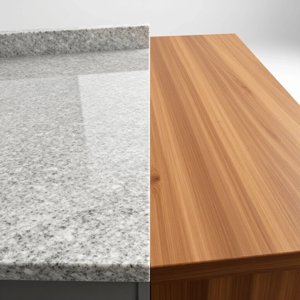 A split-image showcasing a shiny granite countertop juxtaposed with a warm wooden countertop, highlighting texture differences.