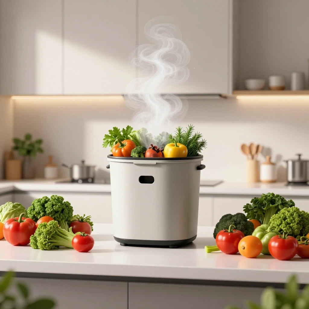 A modern kitchen countertop with a sleek compost bin, fresh produce, and aromatic herbs, illustrating odor elimination.