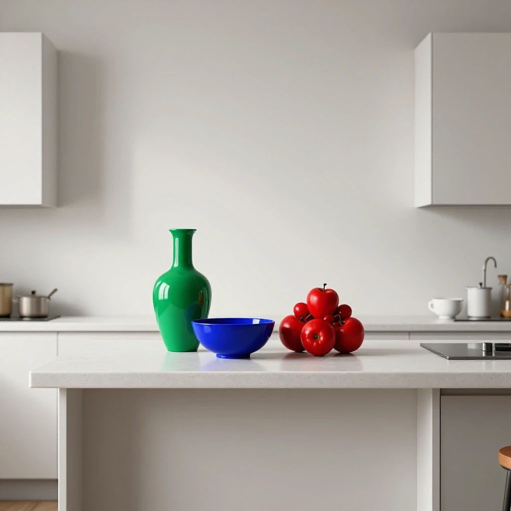 A stylish organized countertop with deep green, blue, and red decorative items on a bright white background.