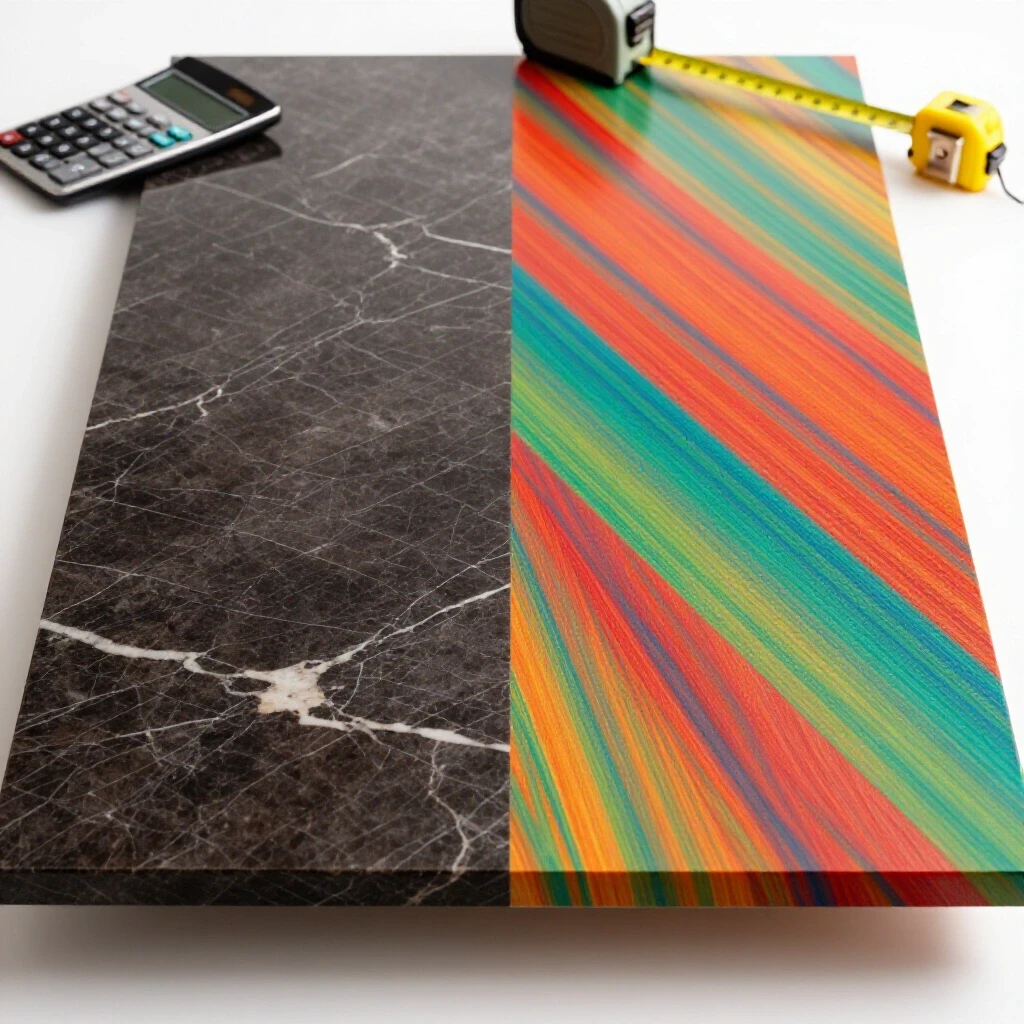 A split-image showing a luxurious marble countertop and colorful laminate countertop with tools indicating cost planning.