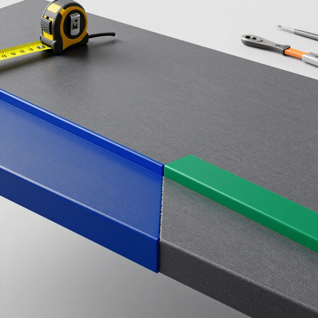A split countertop image showing a flawless seam in royal blue next to a flawed seam in emerald green, with DIY tools in the background.