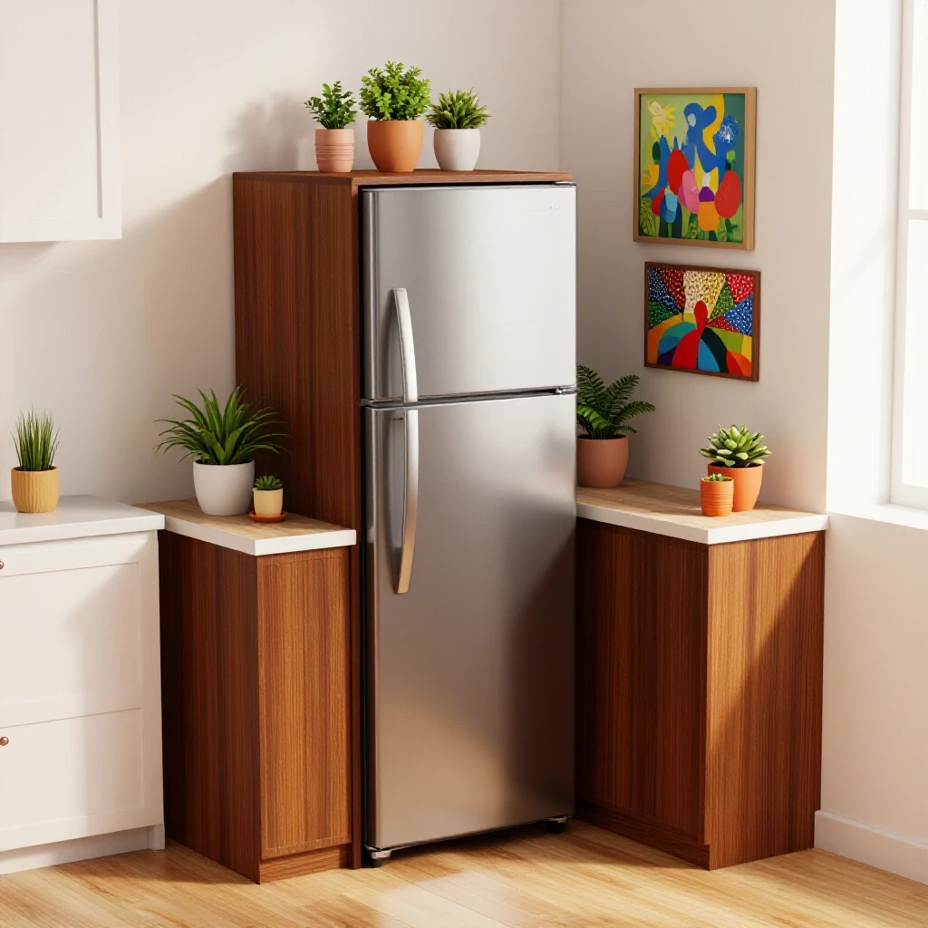 A stylish kitchen with a cozy, organized fridge nook featuring rich colors and inviting decor.