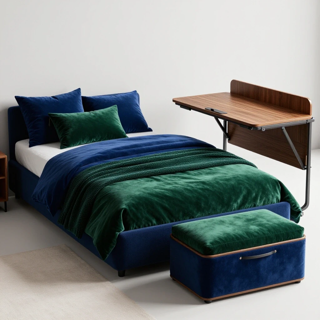 Cozy guest room featuring a plush bed, foldable desk, and stylish storage ottoman in a bright, inviting setting.
