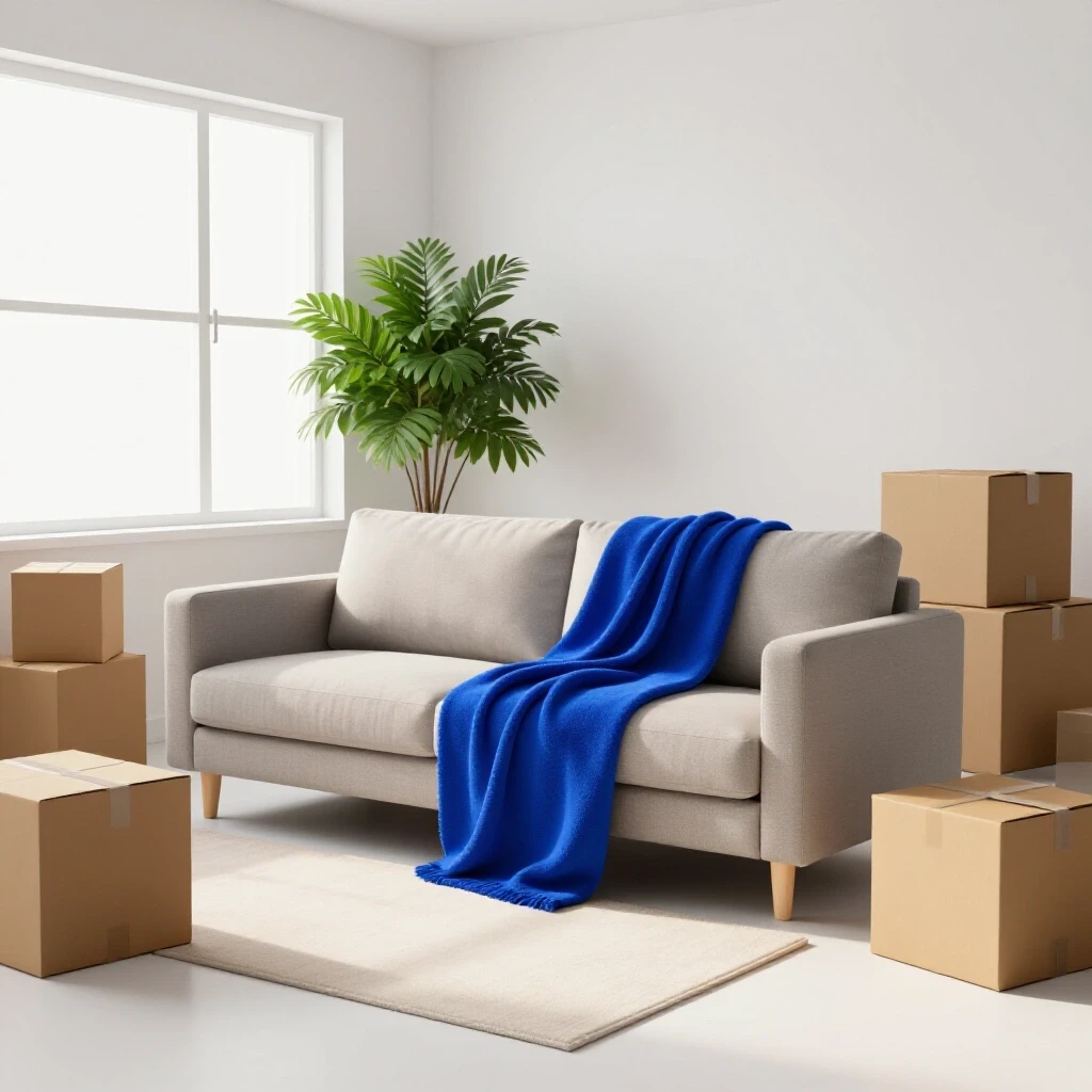 A cozy living room with a neutral sofa, a royal blue throw, potted plant, and moving boxes, creating an inviting atmosphere.