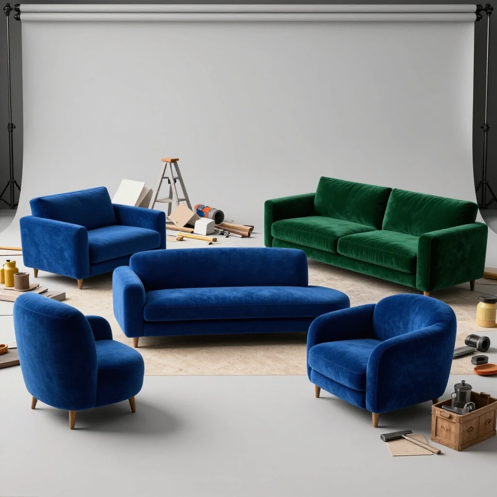 Cozy living space with plush furniture in rich colors, contrasted by a chaotic remodeling scene in the background.