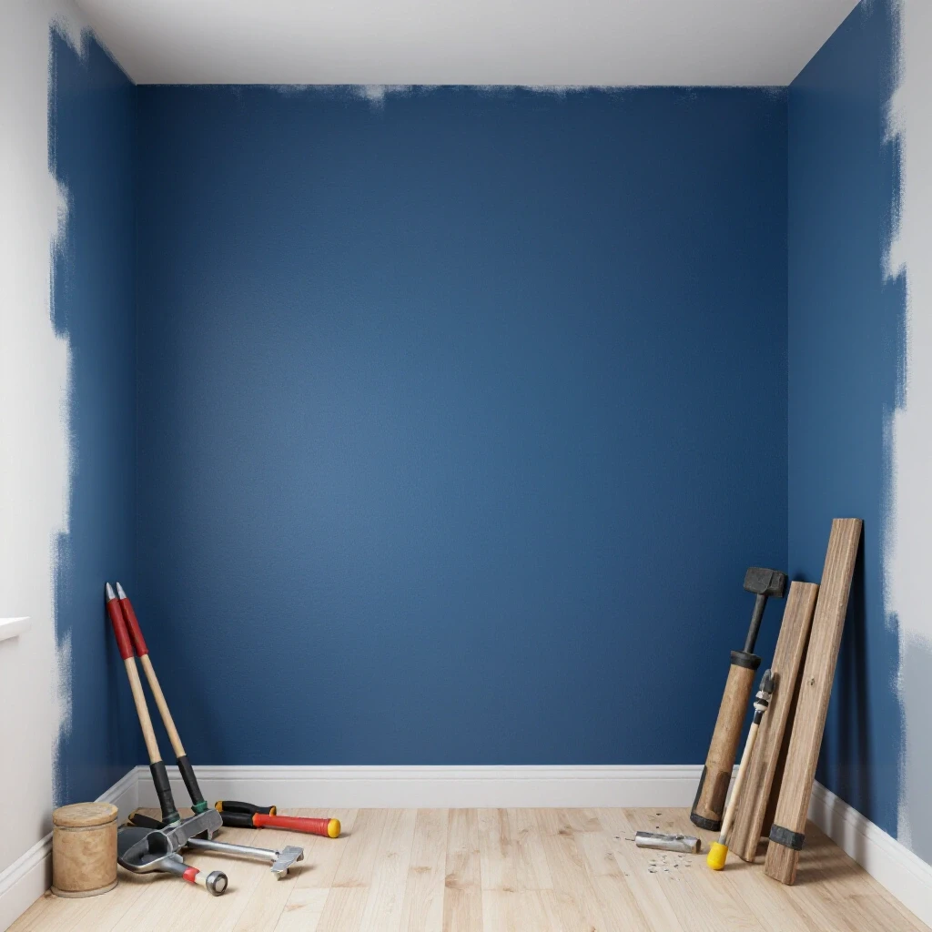 A cozy one-room setting showing a partially painted blue wall and tools, evoking renovation ambiance.